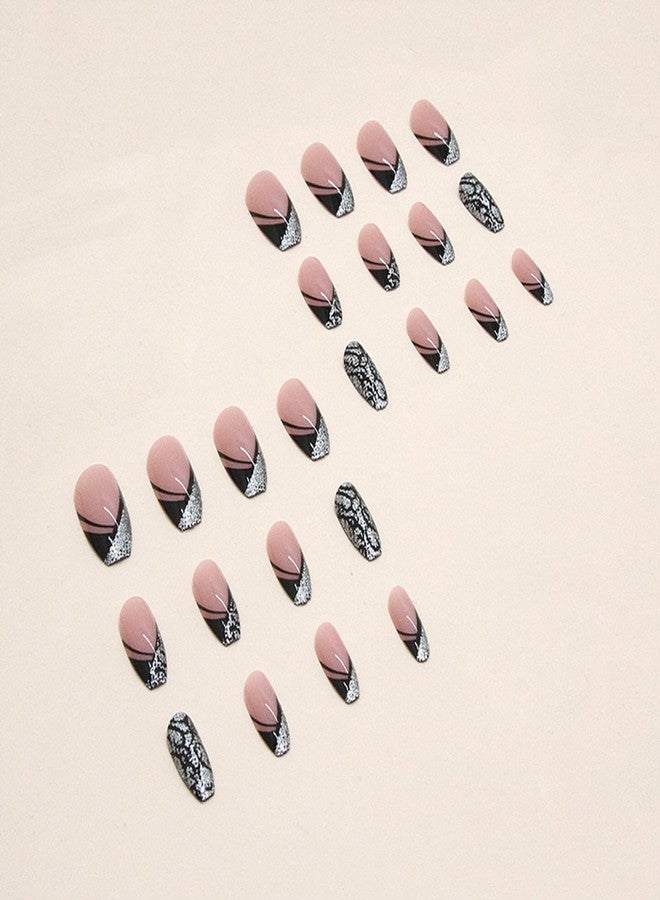 TOGZOM Black French Tip Press on Nails Medium Coffin Fake Nails Silver Glitter False Nails with Design Leopard Glue on Nails Short Acrylic Nails Stick on Nails for Women Manicure 24Pcs - Image 3